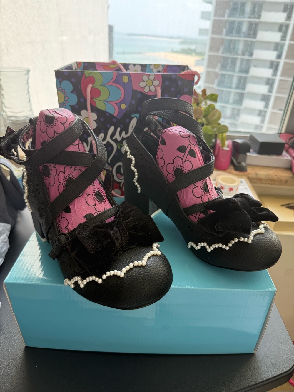 Black Pearl-Trim Bow Mary Jane Heels with Crisscross Straps